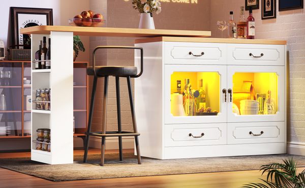 Bartisch 135-203x39x92,8 cm, MDF, drehbar mit LED & 4 Schubladen,Weiß+ natürlich
