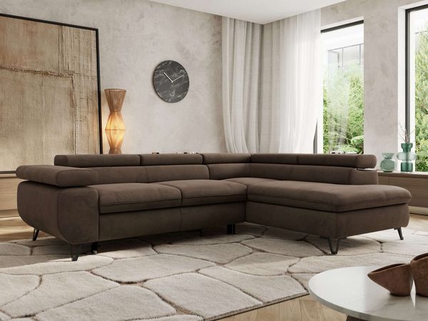 MKS Möbel 'Pablo L-Form' Ecksofa mit Schlaffunktion, verstellbare Kopfstützen, Braun, Samt, T25 Topper, Rechts