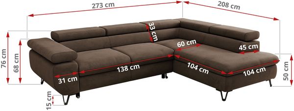 MKS Möbel 'Pablo L-Form' Ecksofa mit Schlaffunktion, verstellbare Kopfstützen, Braun, Samt, T25 Topper, Rechts Bild 6