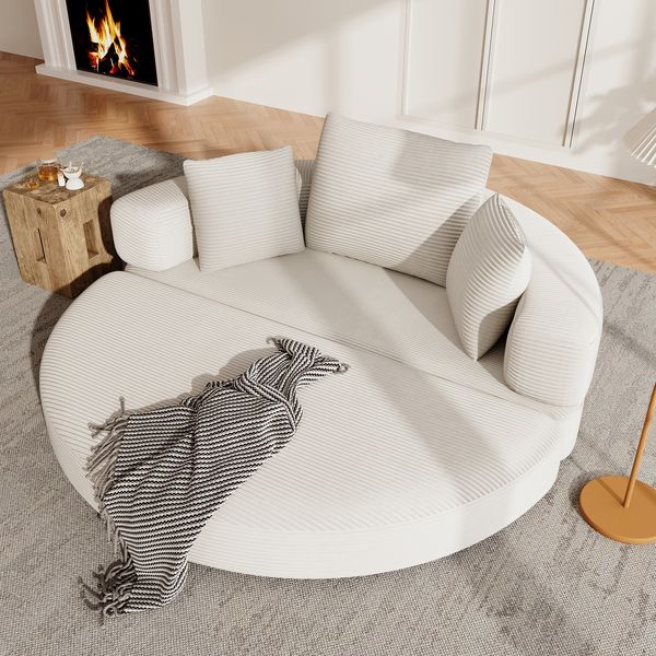 Flieks Modulares 2-in-1 Bodensofa & Bett – rundes Lounge, Multifunktionales Boneless Klappsofabett mit 3 Kissen, Cord, Beige