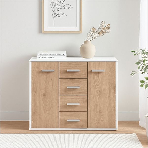 HTI-Living Sideboard Nina mit 4 Schubladen Weiß Artisaneiche (Stück, 1 Sideboard), Anrichte Kommode Schrank
