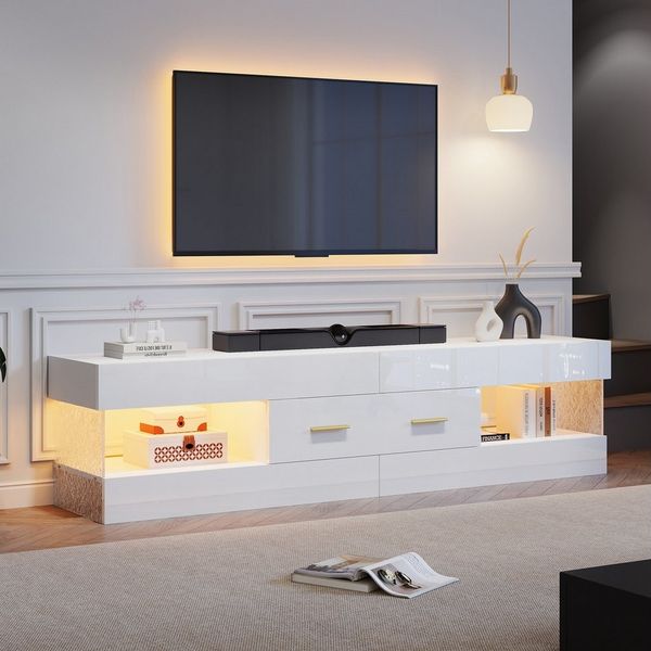 Merax Lowboard mit LED-Beleuchtung (TV-Möbel für Fernseher bis 75 Zoll, 1 St, 152 x 35 x 40 cm), TV-Schrank mit Acryl-Seitenwänden, 2 Schubladen & 4 offenen Fächern