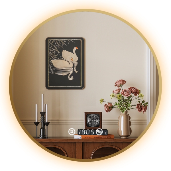 EMKE LED Badspiegel ф60cm Gebürstetem Goldrahmen, Beschlagfrei, Uhr, Temperatur, Dimmbar, Memory-Funktion Neutrales Licht Wandspiegel