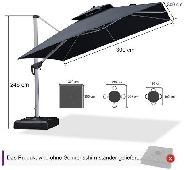 PURPLE LEAF Ampelschirm Quadratischer Außenbereich Alu Doppelsonnenschirm, Gartenschirm, LxB: 300,00x300,00 cm, 360°Rotation, Sonnenschutz UV50+, Für Balkone, Gärten und Terrassen