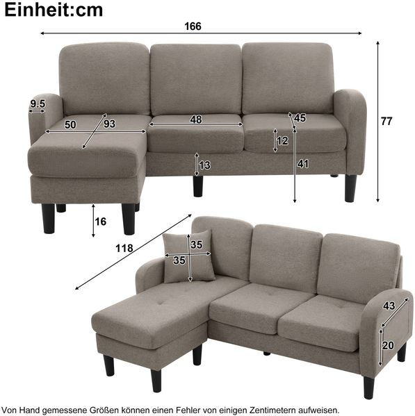 Modulares Ecksofa H 77 x T 118 x B 166 cm mit Chaiselongue links/rechts, 3-Sitzer, Antique Dark Grey Bild 6