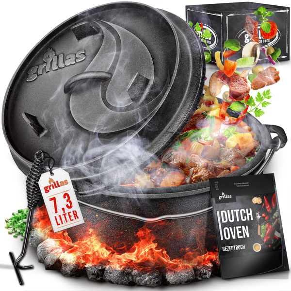 grillas® Dutch Oven Set 7,3 Liter / Topf mit Füße Deckelheber BBQ Gusseisen Feuertopf Gusstopf Schmortopf