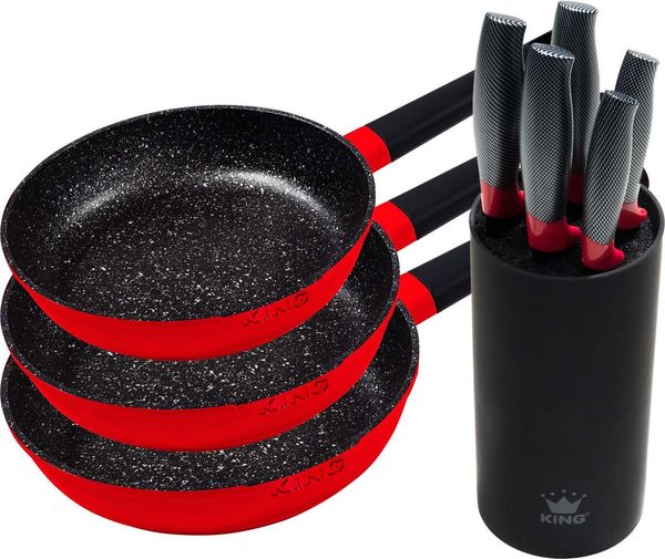 KING Pfannen-Set Shine Red, Aluminiumguss (Set, 3-tlg, je 1 Bratpfanne Ø 20/24/28 cm, H: 5/5,5/6 cm, - 1/1,9/2,5 l), Induktion, mit 6-teiligem Messerblock