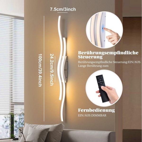 MUPOO LED Wandleuchte LED Wandleuchte Innen,Moderne Wandlampe für Schlafzimmer, LED fest integriert, Wave Line Wandbeleuchtung,Fernbedienung & Touch-Steuerung,Timer