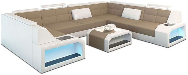 Stoff Ecksofa Pesaro mit LED Beleuchtung - Mikrofaserstoff - Cappuccino-Weiß - Rechts