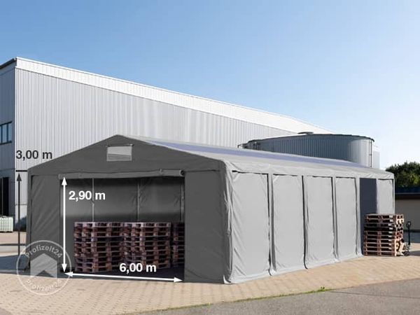 Lagerzelt 8x12 m Zelthalle Industriezelt mit Oberlicht 3m Seitenhöhe PVC Plane 850 N grau 100% wasserdicht mit Reißverschlusstor