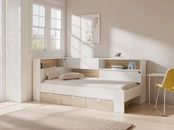 Vente-unique - TAMADU Bett Holz, Platte BeigeWeiß - B 118,5 cm x H 90,5 cm x L 211,6 cm