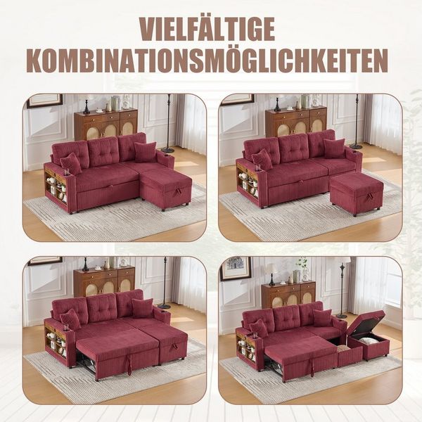 OKWISH Sofa Schlafsofa Loungesofa, mit Ausziehbett, Stauraum, USB-C-Anschluss und Ambientebeleuchtung – inkl. Getränkehalter & breiten Armlehnen, 196x82-144x85 cm