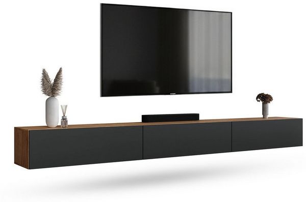Planetmöbel TV Board 300 cm Gold Eiche/Anthrazit, TV Schrank mit 3 Klappen als Stauraum, Lowboard hängend oder stehend, Sideboard Wohnzimmer