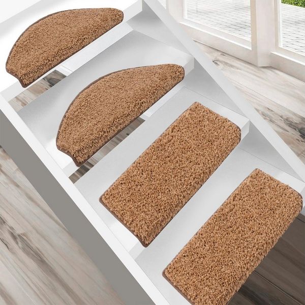 Floordirekt Stufenmatte Shaggy Barcelona mit Klebestreifen, Trittschalldämmung & Pflegeleicht, Halbrund, Höhe: 220 mm, Treppenteppich mit Anti-Rutsch-Beschichtung in Rechteckig & Halbrund