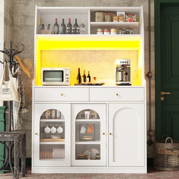 Merax Küchenschrank, Hochschrank, Vitrinenschrank, Buffetschrank mit Verstellbaren Ablagen, Esszimmerschrank mit 2 Schubladen,Sideboard mit LED-Beleuchtung, Variable Lichtfarben, Weiß