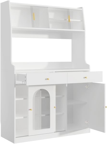 Merax Küchenschrank, Hochschrank, Vitrinenschrank, Buffetschrank mit Verstellbaren Ablagen, Esszimmerschrank mit 2 Schubladen,Sideboard mit LED-Beleuchtung, Variable Lichtfarben, Weiß Bild 7