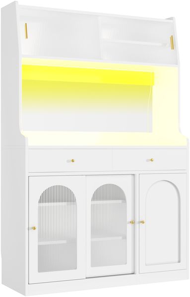 Merax Küchenschrank, Hochschrank, Vitrinenschrank, Buffetschrank mit Verstellbaren Ablagen, Esszimmerschrank mit 2 Schubladen,Sideboard mit LED-Beleuchtung, Variable Lichtfarben, Weiß Bild 8