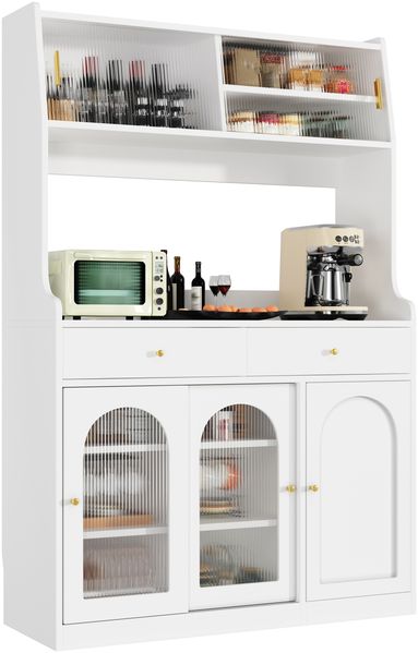 Merax Küchenschrank, Hochschrank, Vitrinenschrank, Buffetschrank mit Verstellbaren Ablagen, Esszimmerschrank mit 2 Schubladen,Sideboard mit LED-Beleuchtung, Variable Lichtfarben, Weiß Bild 9
