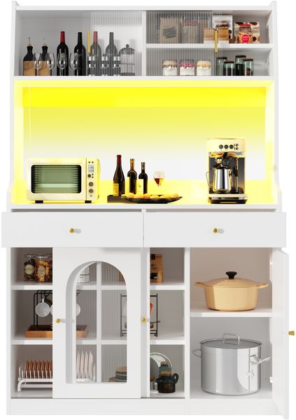 Merax Küchenschrank, Hochschrank, Vitrinenschrank, Buffetschrank mit Verstellbaren Ablagen, Esszimmerschrank mit 2 Schubladen,Sideboard mit LED-Beleuchtung, Variable Lichtfarben, Weiß Bild 10