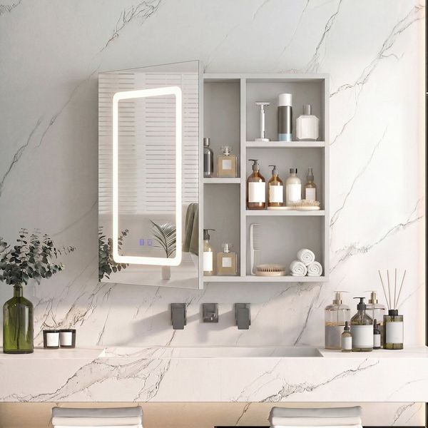FUROKOY Badezimmerspiegelschrank Spiegelschrank Hängeschrank (1-St, Badezimmerschrank mit Spiegel, Entfogger-Funktion) Wandschrank mit 1 Türen und 3 Etagen Regal, 60 x 60 x 15 cm, Weiß