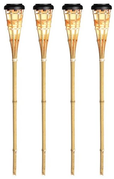 4er Set Solar LED Bambus Gartenfackel | warm-weiß beleuchtet mit Flammeneffekt | ca. 77 cm hoch | 1.500 mAh Akku