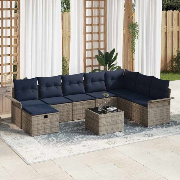 vidaXL Gartensofa-set mit Kissen 9 pcs Grau und Marineblau Poly-Rattan 3358944