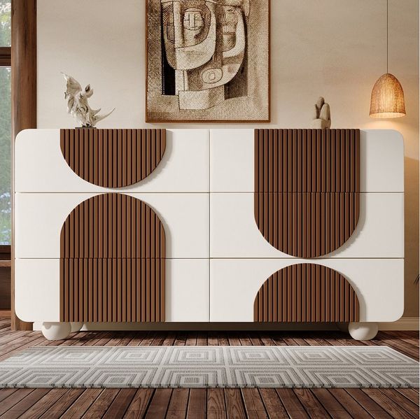 TavilaEcon Kommode Elegantes Sideboard im geschwungenem Design, mit 6 Schubladen (1 St), mit schokoladenfarbenen Holzleisten und Kippsicherung, weiß