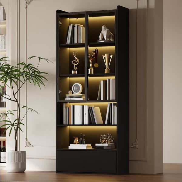 Merax Standvitrine Vitrine mit LED-Beleuchtung und Stauraum (für stilvolle Aufbewahrung und Präsentation von Sammlerstücken, 1-St, 80 x 34 x 180 cm) Wohnzimmerschrank mit Schublade & 2 Glastüren, Hochschrank, Standregal