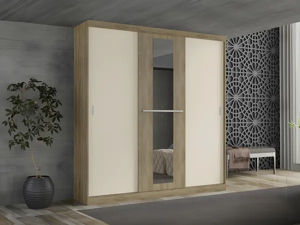 Vente-unique - Kleiderschrank mit 3 Schiebetüren & Spiegel - B. 205 cm - Naturfarben & Beige - DIDDA II