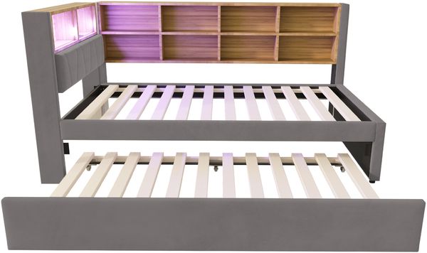 Schlafsofa 90*200, Ausziehbett 90*190, Ausgestattet mit LED Leuchten, Steckdosen und vielen Ablagefächern, Polsterbett, Multifunktionsschlafsofa, Einzelbett, Flanell, Dunkelgrau. Bild 10