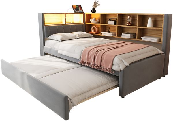 Schlafsofa 90*200, Ausziehbett 90*190, Ausgestattet mit LED Leuchten, Steckdosen und vielen Ablagefächern, Polsterbett, Multifunktionsschlafsofa, Einzelbett, Flanell, Dunkelgrau. Bild 6