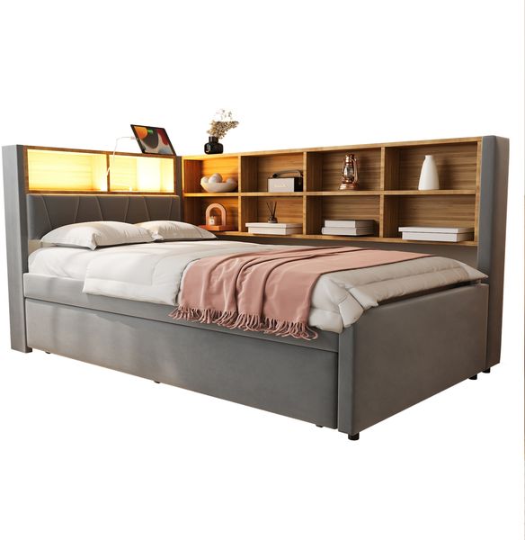 Schlafsofa 90*200, Ausziehbett 90*190, Ausgestattet mit LED Leuchten, Steckdosen und vielen Ablagefächern, Polsterbett, Multifunktionsschlafsofa, Einzelbett, Flanell, Dunkelgrau. Bild 7