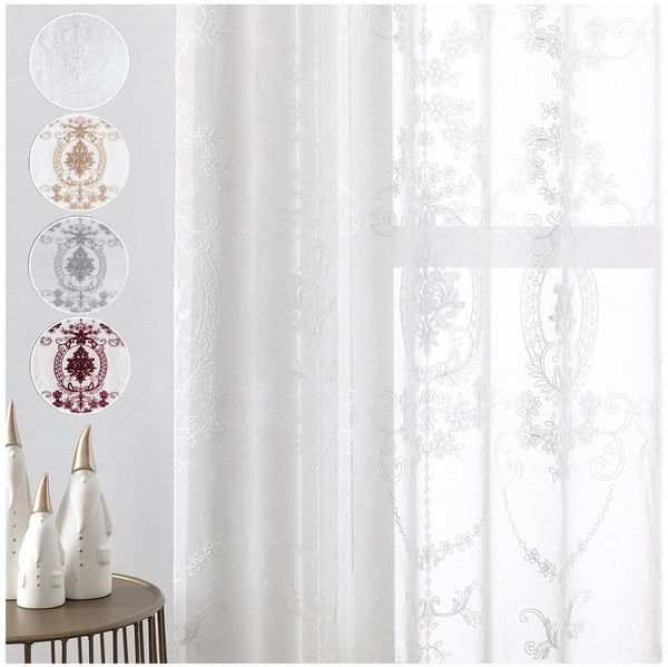 Jibenhome Gardine 2 St. Ösen Vorhang Vogelnest-Stickerei, Voile Gardine Halbtransparent, Weiße Vorhänge