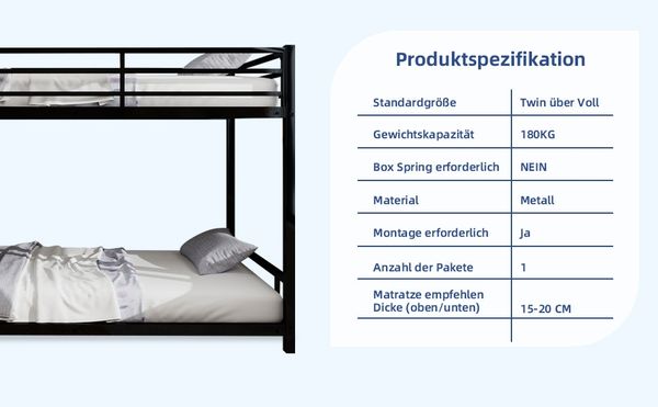 Etagenbett, Twin, zwei Einzelbetten, schweres stabiles Metall, geräuscharm, Sicherheitsgeländer, kein Boxspring erforderlich, Metall Bild 5