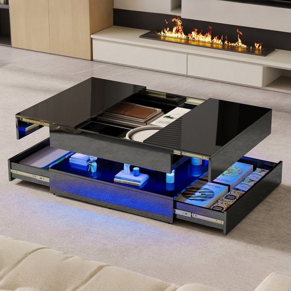 FUROKOY Couchtisch Wohnzimmertisch Hochglanz mit 2 Schubladen, Sofatisch Beistelltisch Modern mit Stauraum,Schwarz