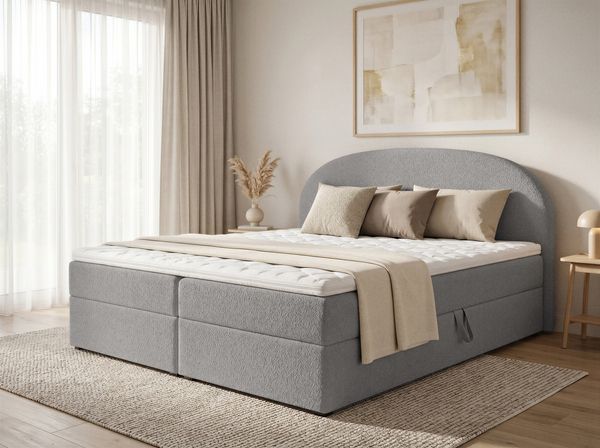 Boxspringbett Cloud mit 2 Bettkästen, Doppelbett mit Bonell-Matratze und Topper, Polsterbett in weichem Bouclé-Stoff, Bett, Bettgestell für Schlafzimmer (Grau (Coral 75), 140 x 200 cm)