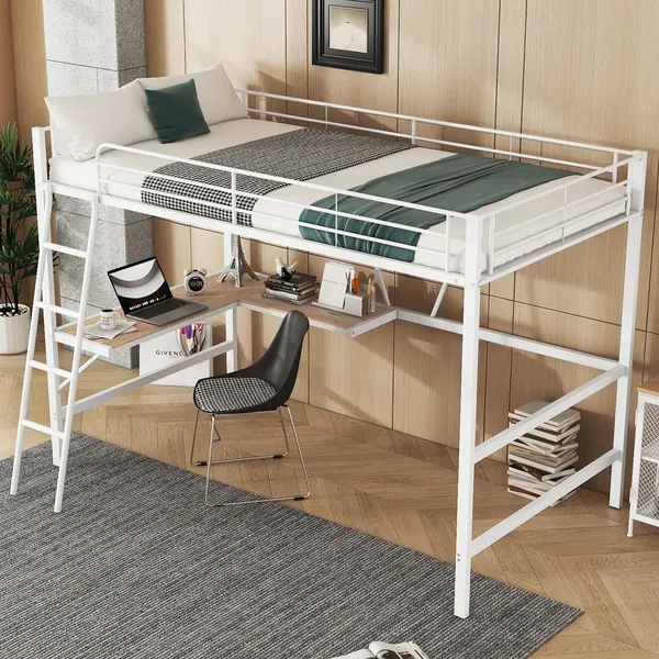 Hochbett mit Rausfallschutz, Regal, Leiter, Schreibtisch und Lattenrost, 90x200 cm, Metallbett, Kinderbett