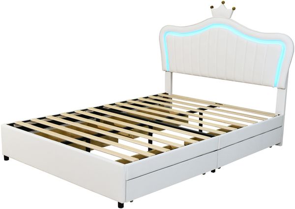 Merax Kinderbett Polsterbett 140 x 200 cm, weißes Kronen-Mädchen-Einzelbettgestell aus PU-Leder mit Stauraumschubladen, LED-Leuchten, Lattenrost und Rückenlehne Bild 9