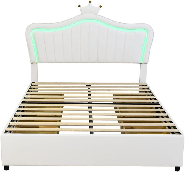 Merax Kinderbett Polsterbett 140 x 200 cm, weißes Kronen-Mädchen-Einzelbettgestell aus PU-Leder mit Stauraumschubladen, LED-Leuchten, Lattenrost und Rückenlehne Bild 10