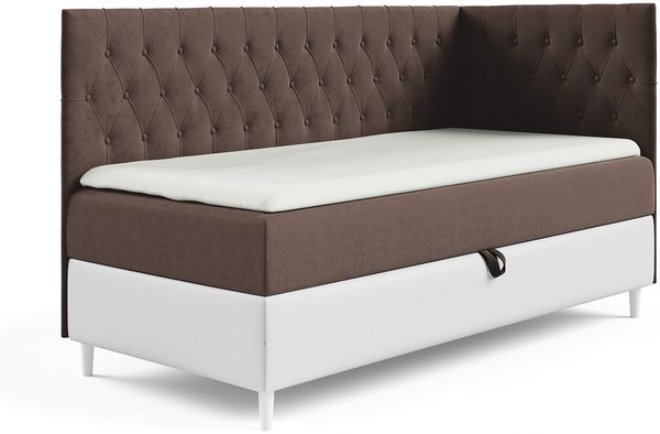 MEBLINI Kinderbett mit Bettkasten FILIPPO 3 80x200 Rechts – H3/Braun Samt Gepolstert Einzelbett mit Matratze - Polsterbett mit Stauraum - Bett mit Kopfteil – Stauraumbett