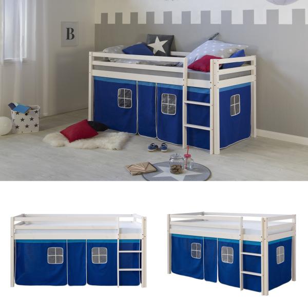 Hochbett Spielbett Kinderbett Leiter Kiefer Vorhang blau 90x200 Jugendbett