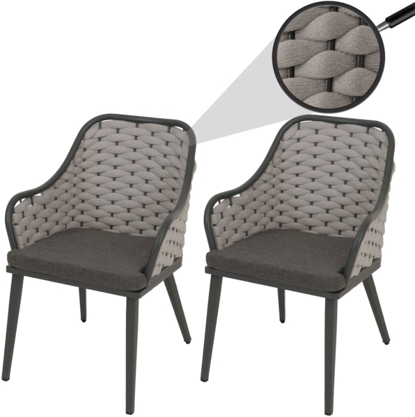 2er-Set Aluminium-Gartenstuhl HWC-O16, Outdoor Stuhl, Olefin (200 g/m²) Seilgeflecht Rope ~ hellgrau Kissen dunkelgrau