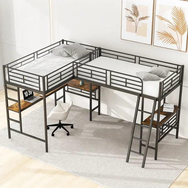 Hochbett mit Schreibtisch, Trittleiter, 2 Liegeflächen, Rausfallschutz und Lattenrost, 90x200 cm, Metallbett