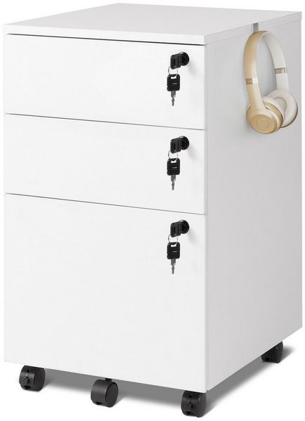 DEVAISE Rollcontainer Mobiler Aktenschrank mit 3 Schubladen, (Druckertisch für DIN A4/Legal/Letter), 3 Schlüssel, Schreibtisch Unterschrank für Büro und Home Office