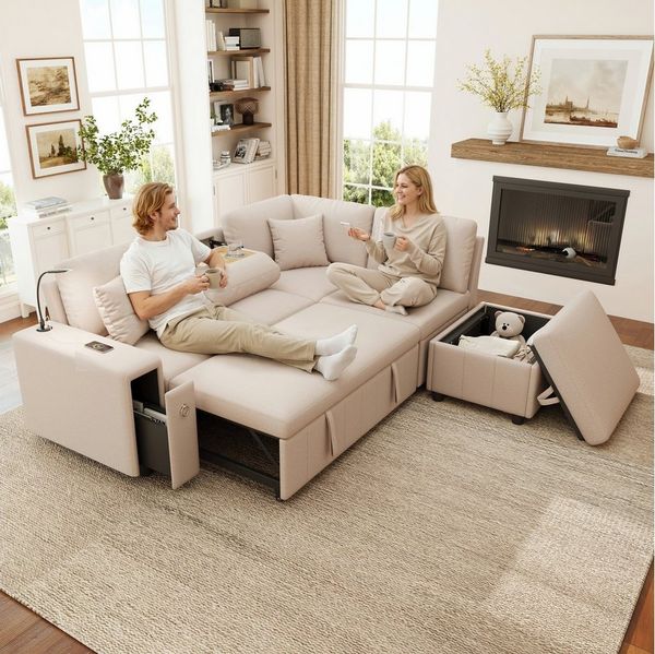Odikalo Ecksofa Schlafsofa Schlafcouch mit Schlaffunktion, L-Form, mit Stauraum‑Hocker, klappbarem Couchtisch, USB‑ und Type‑C‑Anschluss, Leselicht und 2 Kissen