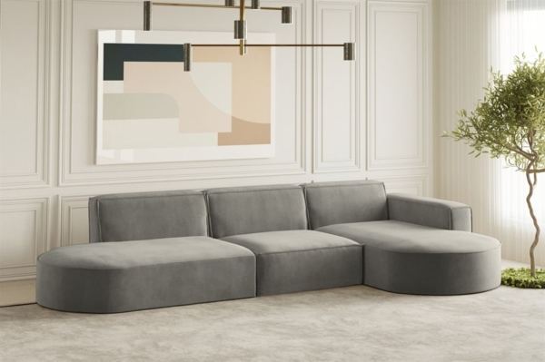 Ecksofa Designersofa PALMA in Stoff Noel Grau Ottomane Rechts