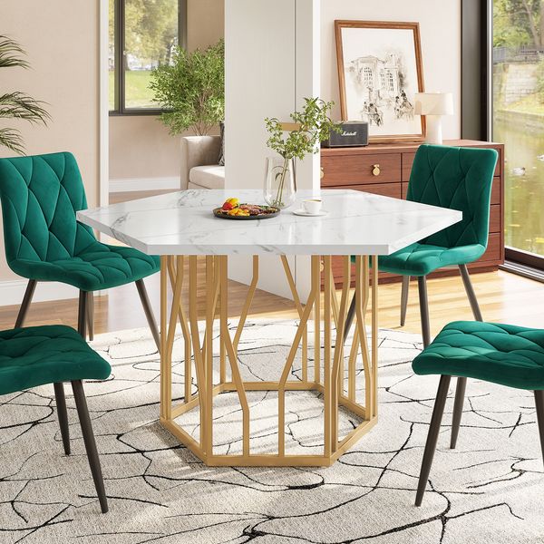Esstisch sechseckig 115,5 x 100 x 75 cm, moderner MDF Tisch mit Marmoroptik, Design Tisch mit goldenem Metallgestell