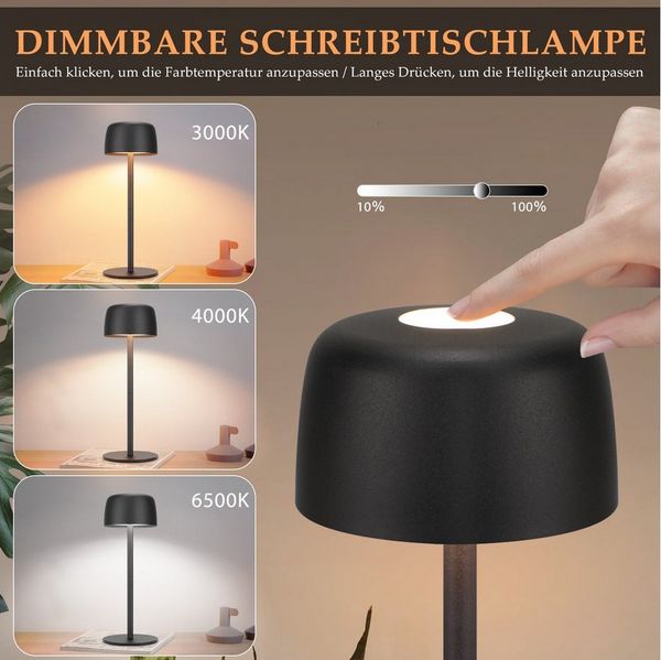 ZMH Tischleuchte LED Kabellos stufenlos Nachttischlampe mit Akku, LED fest integriert