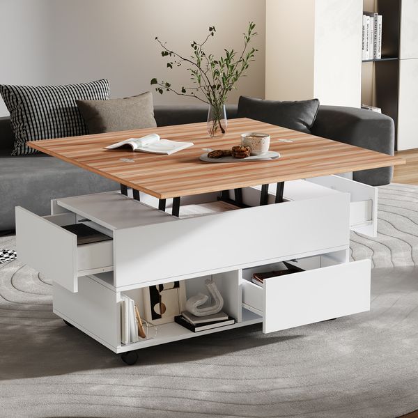 Couchtisch 100x50x52 cm mit anhebbarer Tischplatte und 4 Schubladen & 2 halboffene Fächer, Weiß-Holz Design