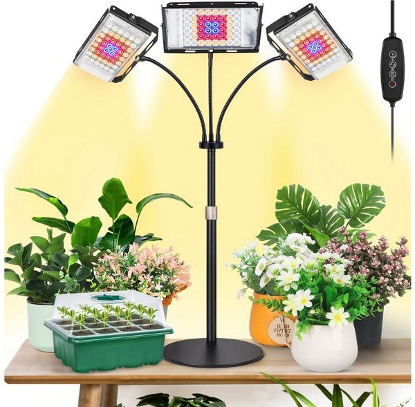 MUPOO Pflanzenlampe Vollspektrums Pflanzenlicht für Zimmerpflanzen,Höhenverstellbar, Dreikopf, Grow Lampe Pflanzenleuchte mit Auto on/Off,6 dimmbare Helligkeit